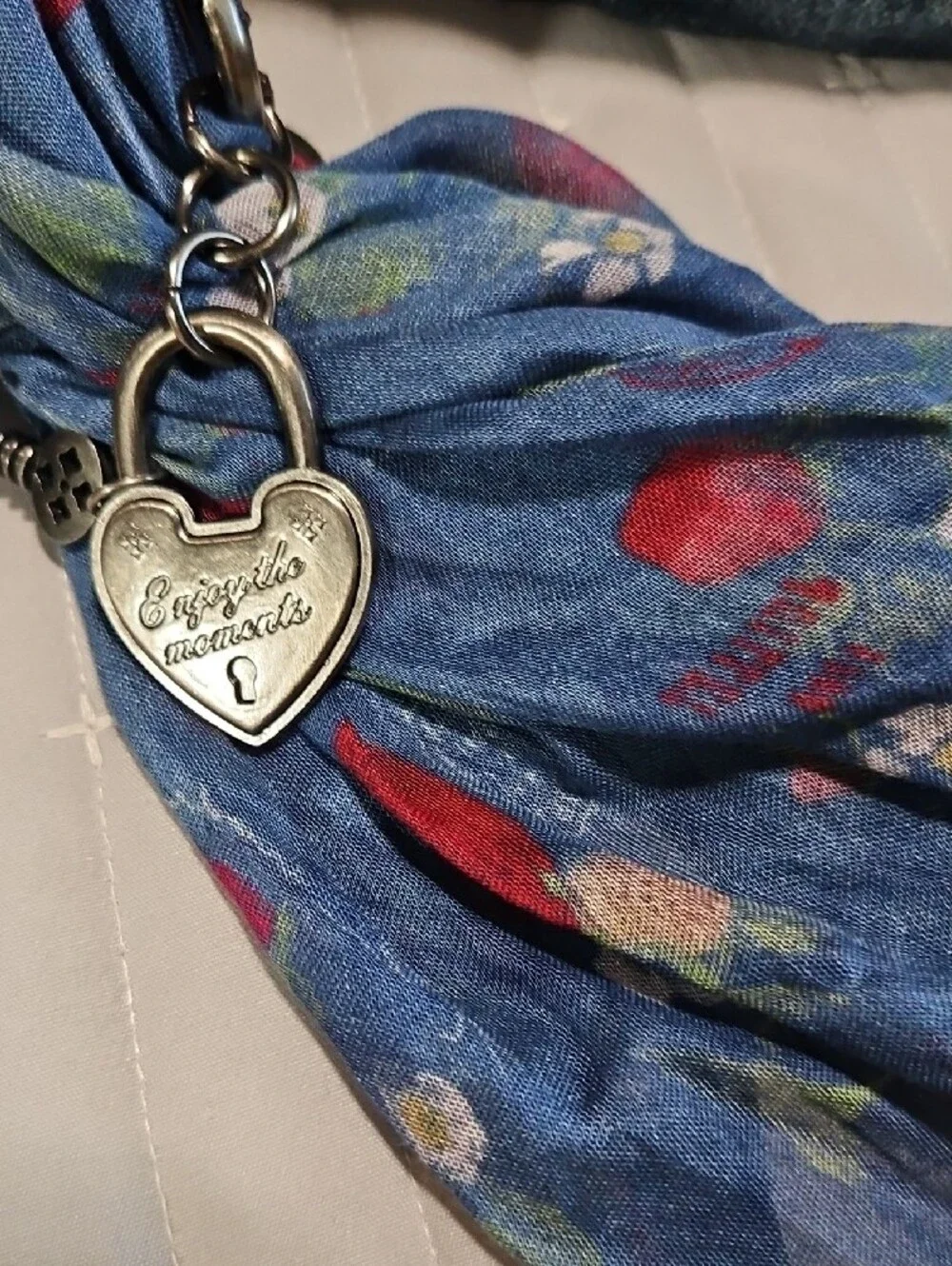 Patricia Nash Blue Strawberry Scarf Keyring with Heart And Key Accents